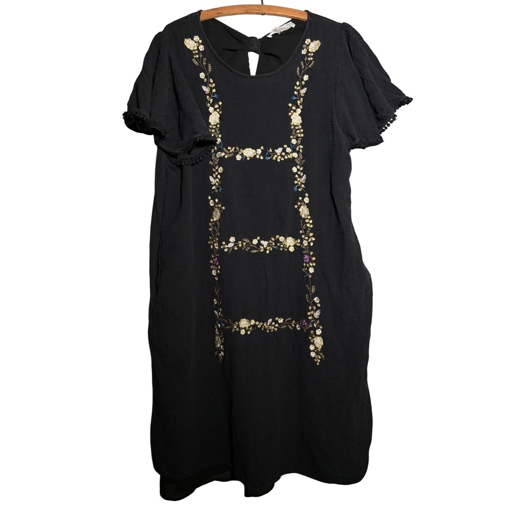 Brass & Roe XXL Black Floral Embroidered Linen Blend Shift Dress Pockets‎ Boho